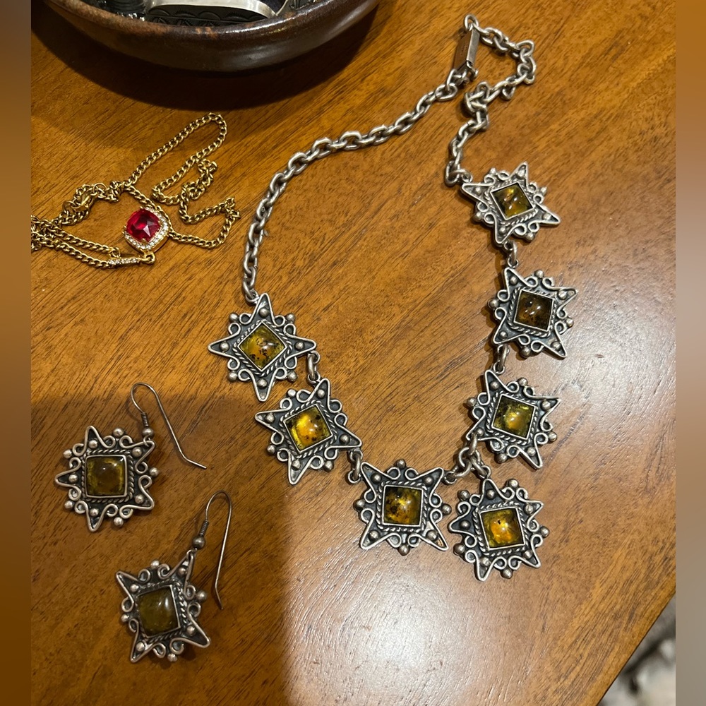 Vintage sterling and amber necklace and earrings